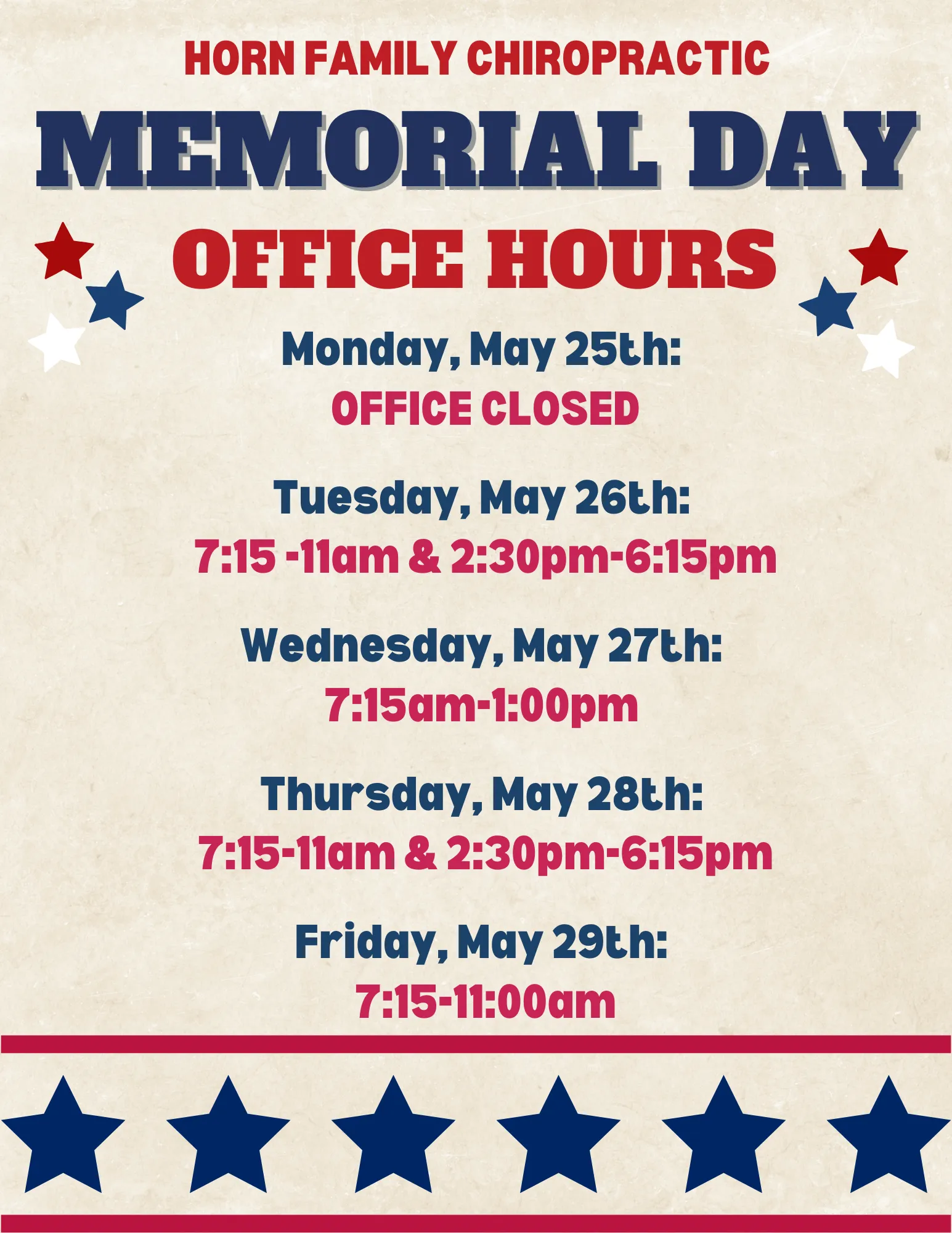 Chiropractic Athens PA Memorial Day Hours